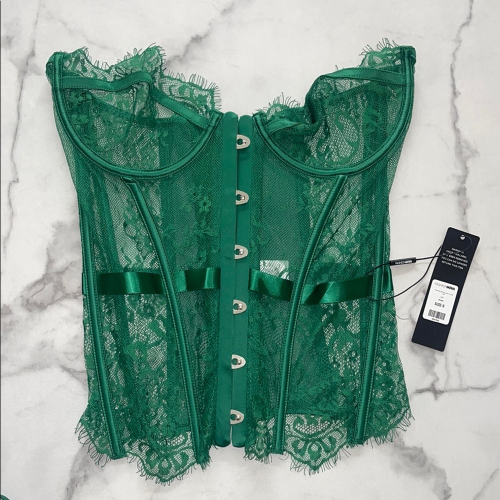 Fashion Nova Green Lace Corset and Thong Set